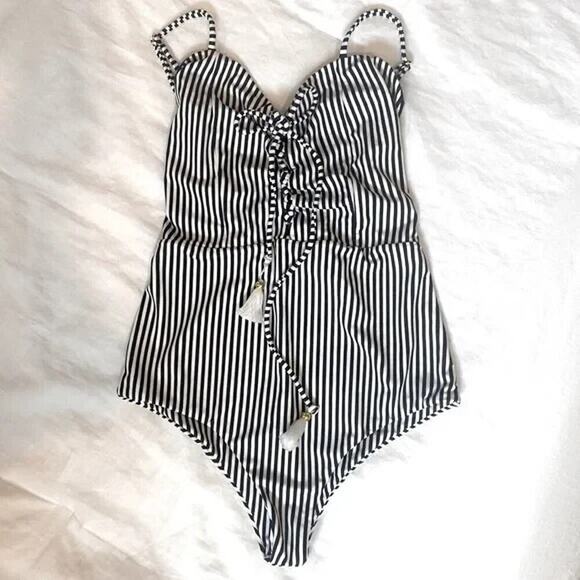 Free People x Amuse Society XS Black Striped Cheeky One Piece Swimsuit French - Picture 4 of 14